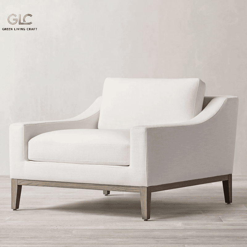 Modern performance fabric armchair with solid oak frame, high‑resilience foam core mixed down feather seat & back cushion luxury living room single chair