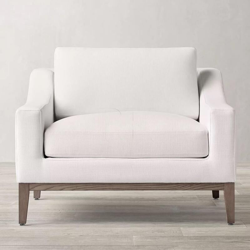 Bespoke lounge armchair in performance fabric, solid oak wood frame, down feather mixed foam cushion high‑end living room single sofa chair