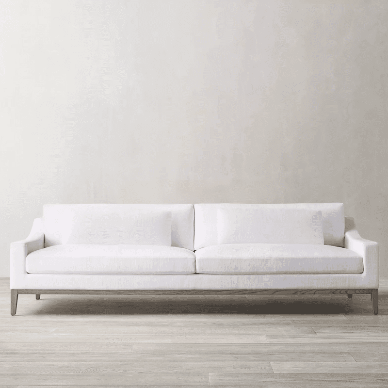 Front view of 2‑seater performance fabric sofa, solid oak frame, high‑resilience foam core with down feather mixed seat and back cushions luxury living room sofa